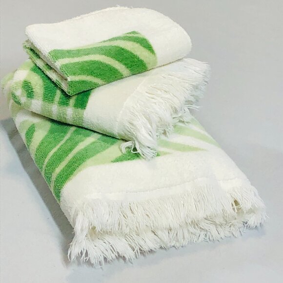 Vintage 70s TEXMADE Impact Green CHECKMATE pattern All Cotton Towel Trio Set - Picture 9 of 10